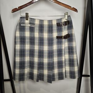 Vtg Blue and Cream Wool Plaid Pleated Mini Kilt Style Skirt With Pocket Size 8
